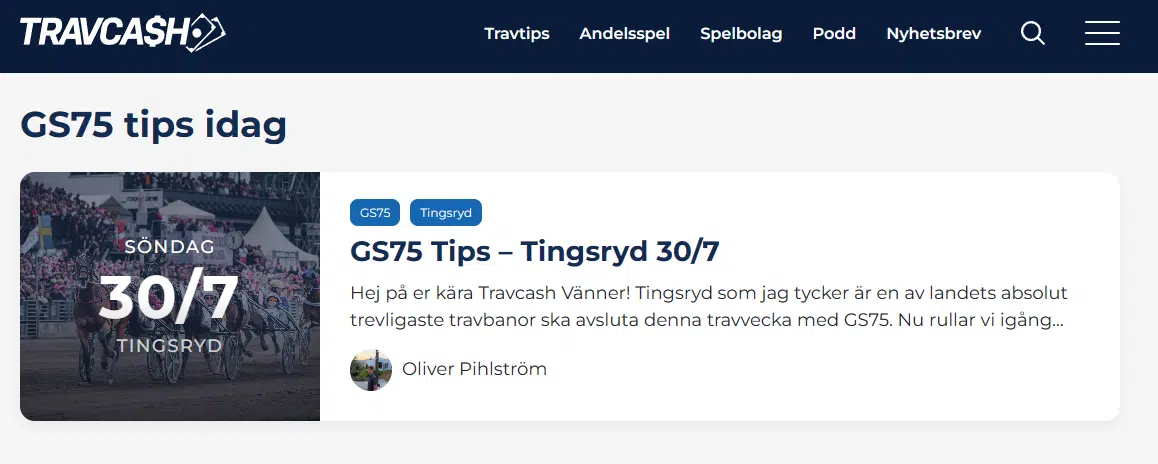 Bilden visar en GS75 analys från Travcash.se